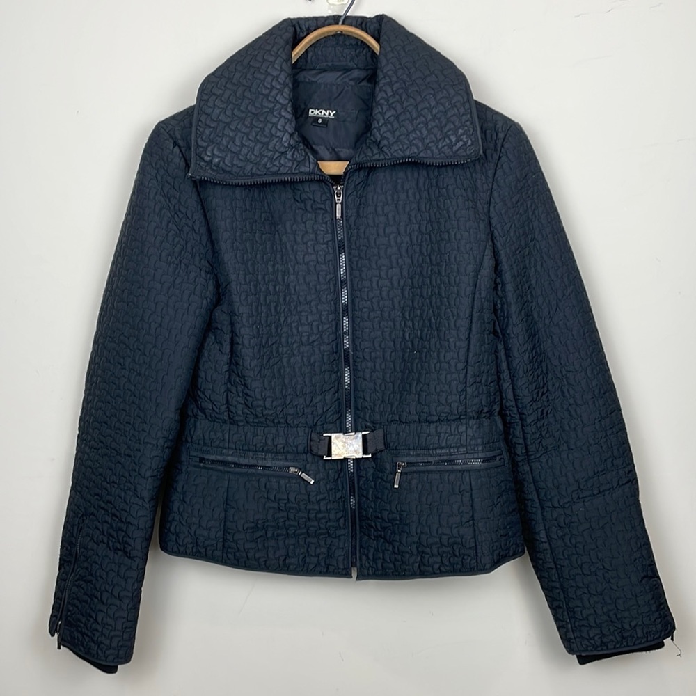 DKNY | Black Quilted Down Jacket; Zipper Front and Buckle Belt; Size Small